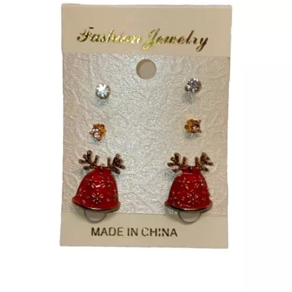 Christmas Fashion Earrings Set Studs 3 Pack Red Bell Holiday Hat Solitaire NWT